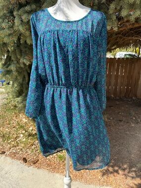 Women’s Teal Floral Midi Dress - Classic Long Sleeve
